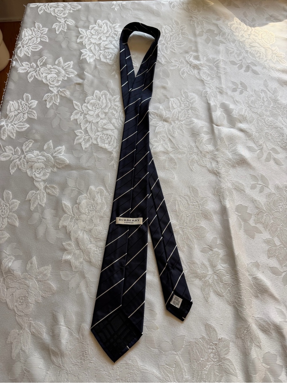 Burberry Navy and White Diagonal Stripe Silk Tie
